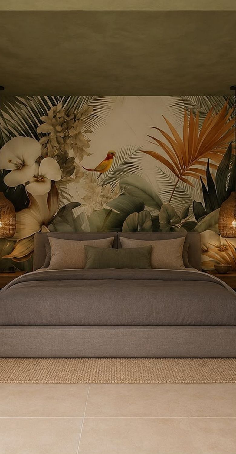 Suite bedroom with botanical mural