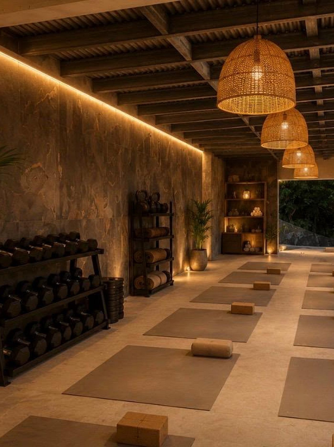 Open-air wellness deck with mats at dusk