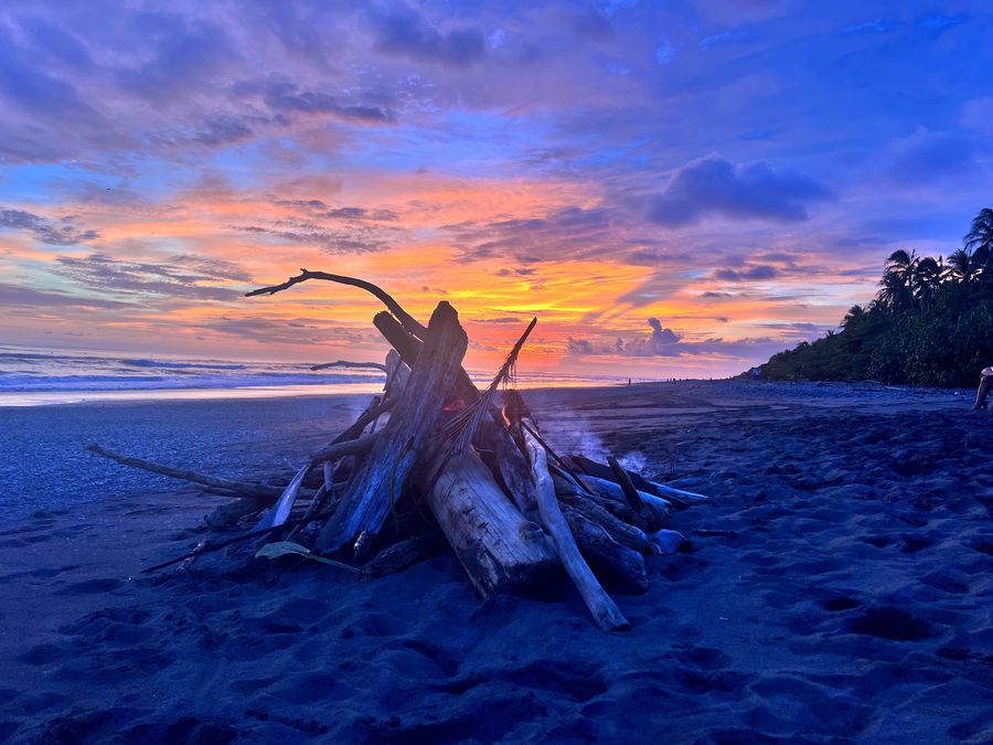 A driftwood fire on the beach at sunset